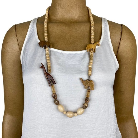 Vintage Jewelry - Vintage Hand Carved Wooden Animal Safari Necklace